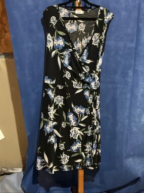 Black Midi Wrap Dress with Blue Floral Print
